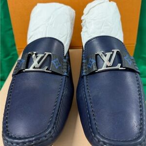 Louis Vuitton Men's Blue Loafers with Metallic Detail
